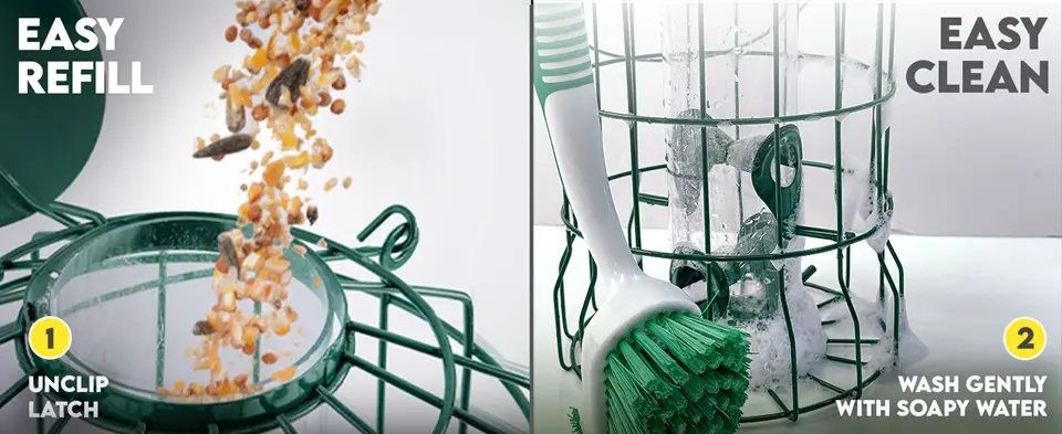 Metal Caged Tube Bird Feeder - Squirrel Proof | 4 Ports 3 A durable and easy-to-clean caged tube bird feeder with a squirrel-proof latch and a convenient refill opening