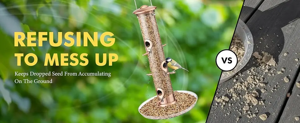 Tube Bird Feeder with Tray for Cardinal- 6 Port, 14" Brushed Copper 1 Comparison of a tube bird feeder with a tray preventing seed spillage vs. a messy ground without a tray