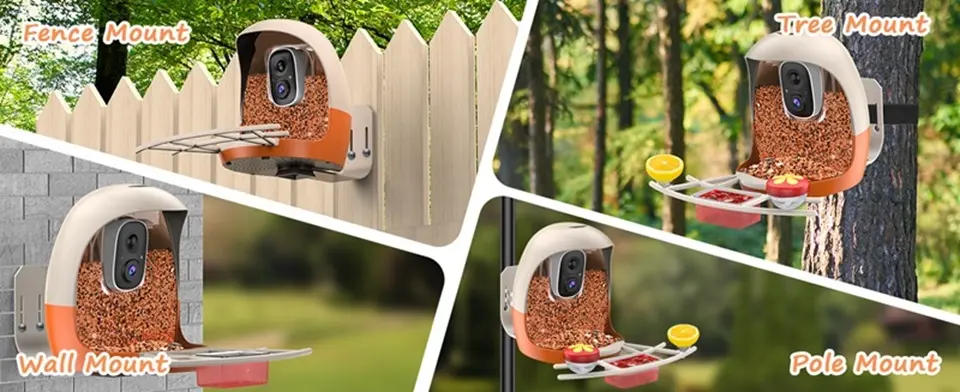 Auxco Bird Feeder with Camera - 4K, AI Bird ID, Auto Video 6 The AUXCO bird feeder camera offers multiple mounting options: fence, tree, wall, and pole mounting