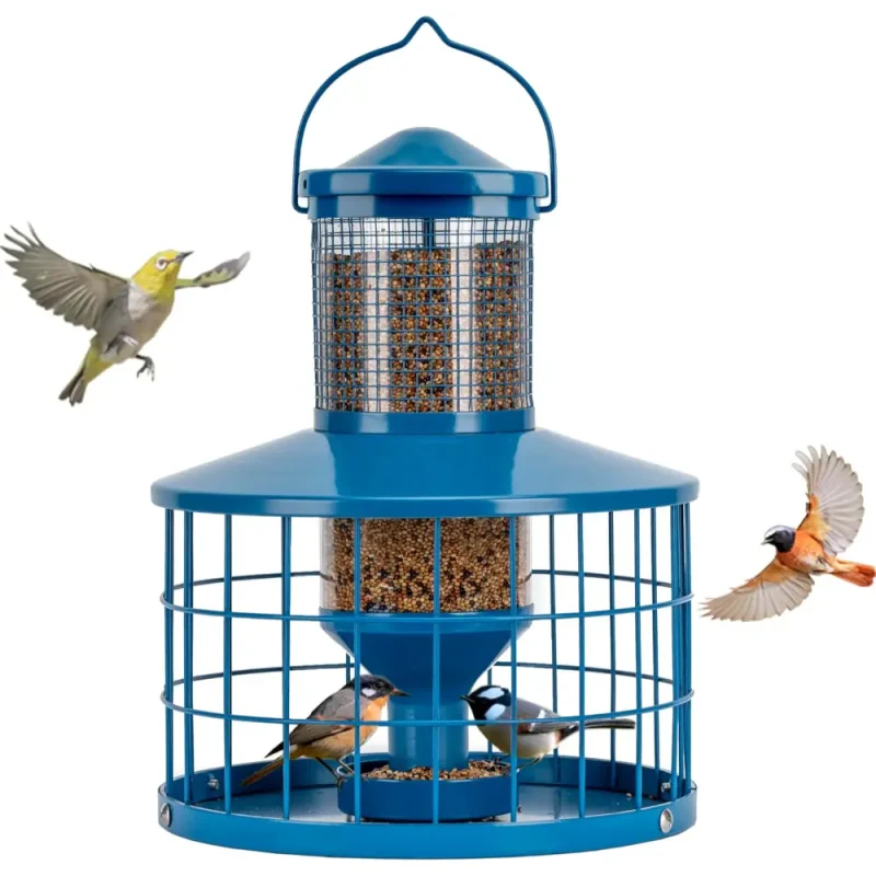 A caged squirrel proof metal bird feeder with a large capacity, attracting various birds while preventing squirrels from accessing the seeds