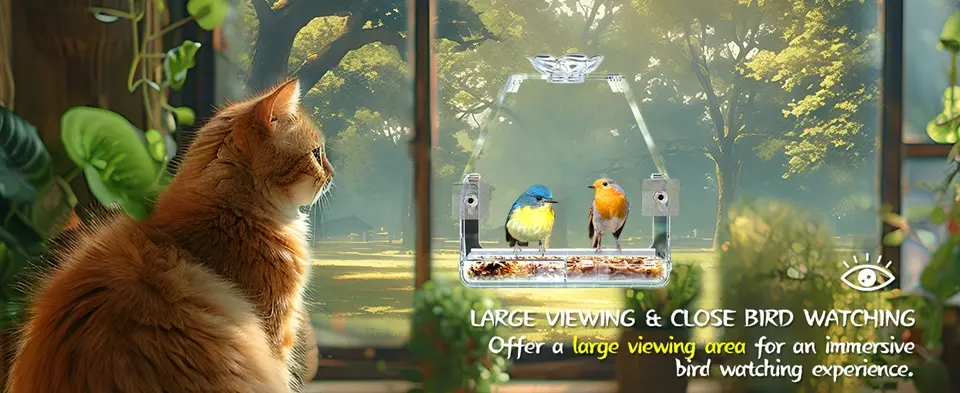 Clear View Large Window Bird Feeder with 2 Strong Suction Cups 2 Cat watching birds at an indoor window bird feeder. Enjoy close-up bird watching from the comfort of your home