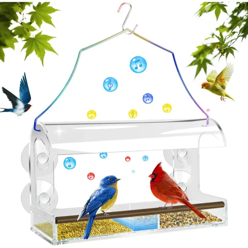 Enjoy bird watching with this upgraded acrylic window hanging bird feeder. Features strong suction and a clear design