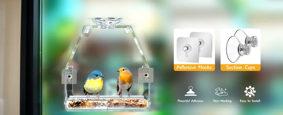 Clear View Large Window Bird Feeder with 2 Strong Suction Cups 5 Clear view window bird feeder with adhesive and suction cup mounting options. Enjoy close-up bird watching
