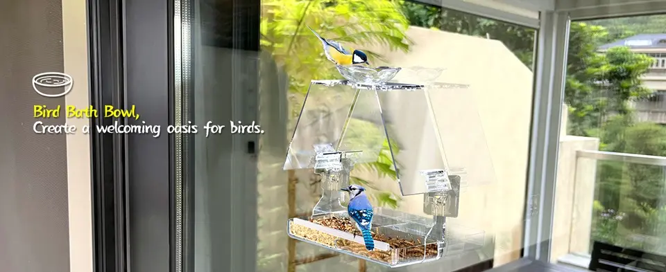 Clear View Large Window Bird Feeder with 2 Strong Suction Cups 3 Clear view window bird feeder and bird bath combo. Attract birds with food and water for close-up viewing