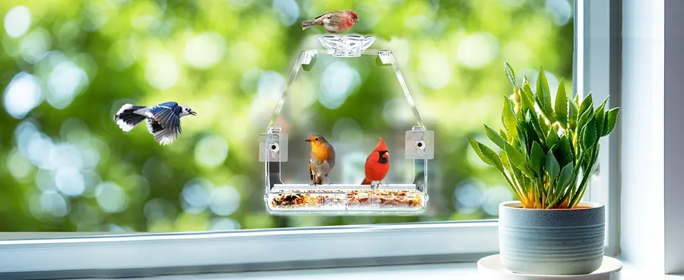 Clear View Large Window Bird Feeder with 2 Strong Suction Cups 4 Clear view window bird feeder suitable for various birds. Enjoy close-up bird watching from indoors