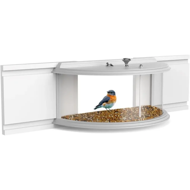 clear-view-window-tray-bird-feeder Clear window bird feeder for 180° indoor bird watching. Mounts inside with sealing tape