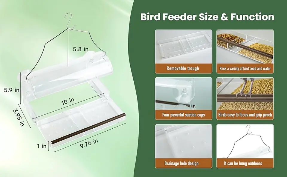 Window Hanging Bird Feeder - with Water Tray | Large Seed Tray 4 Clear window hanging bird feeder dimensions and features, including suction cups, removable tray, and drainage holes