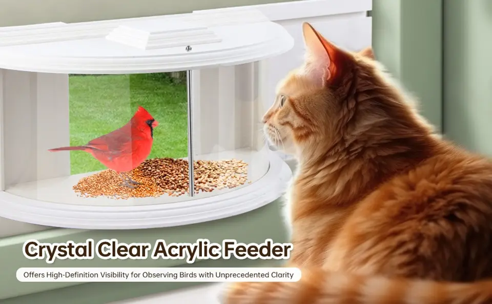 Window Sill Bird Feeder - 180° Clear View, Durable & Elegant 2 Crystal clear acrylic windowsill bird feeder with a cardinal. Perfect for apartment bird watching & curious cats