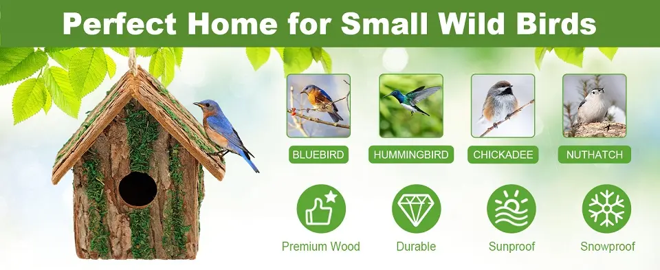 Decorative Wooden Bird House - Hanging Cedar for Outdoors 2 Durable wooden birdhouse designed to attract small wild birds like bluebirds, hummingbirds, chickadees, and nuthatches
