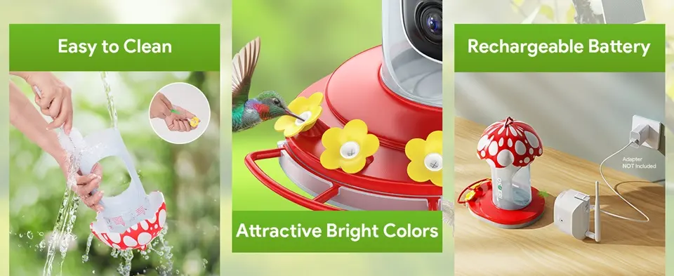 2K Hanging Bird Feeder with Camera - AI, Solar, Ant/Bee Proof 5 Easy-to-clean, rechargeable hanging hummingbird feeder camera with attractive bright colors to attract birds