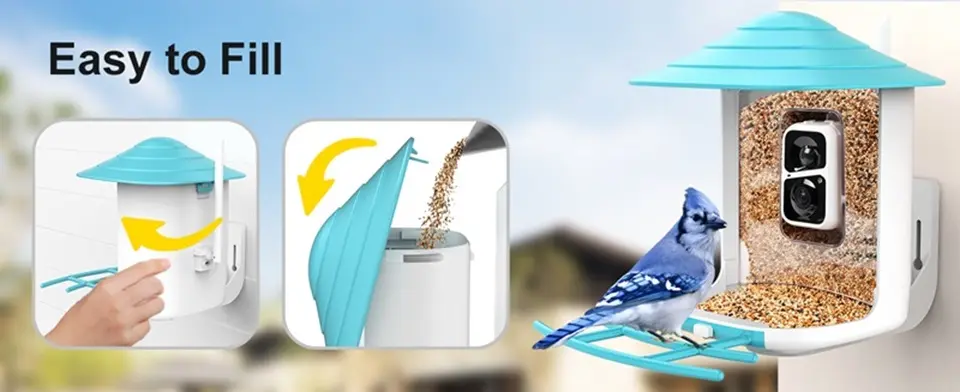 WiFi Bird Feeder Camera 2K Solar Powered with AI Identify 7 Easy fill wifi bird feeder camera