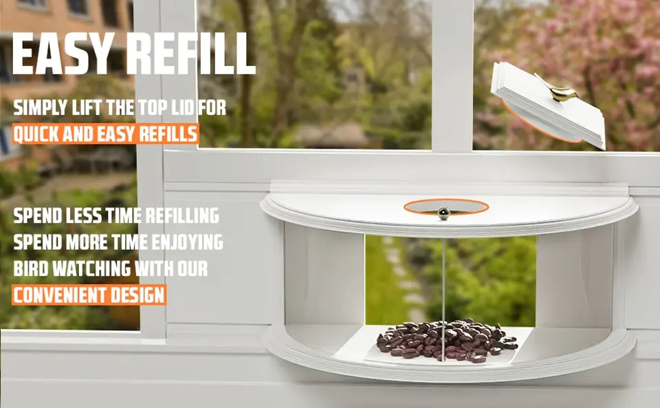 Indoor Bird Feeder - 180° Clear View Window Feeder 3 Easy refill indoor bird feeder for convenient bird watching. Simply lift the top lid