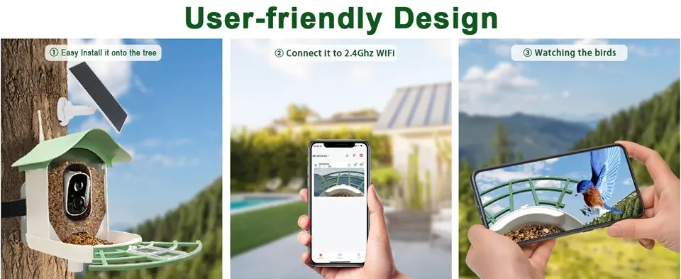 Backyard Bird Feeder Camera - AI Bird ID, 2K Video, Solar Powered 5 Easy setup backyard bird feeder camera: install on a tree, connect to Wi-Fi, and watch birds on your phone