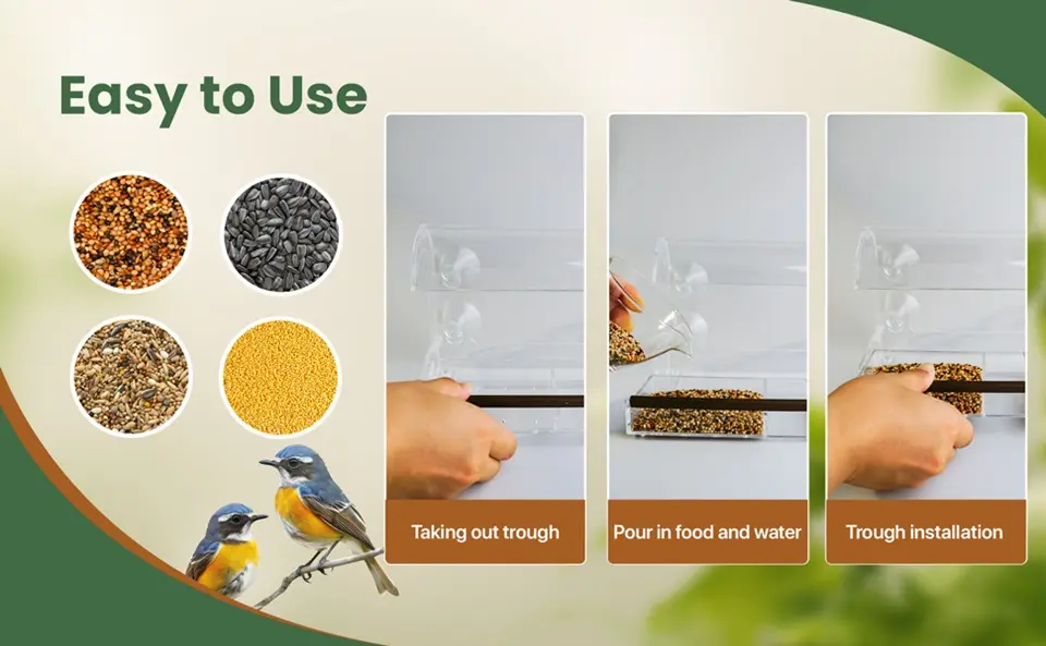 Window Hanging Bird Feeder - with Water Tray | Large Seed Tray 5 Easy to use window hanging bird feeder instructions: taking out trough, pouring in food and water, and trough installation