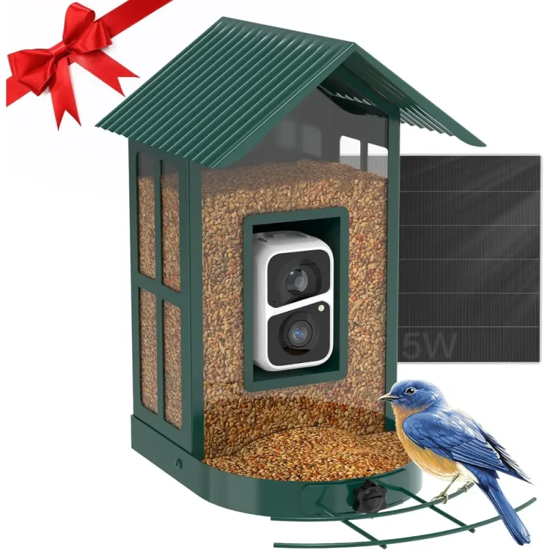 A green metal solar bird feeder camera equipped with AI for bird species identification and live viewing capabilities