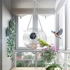 Smart Window Bird Feeder with Camera - 1080p HD | Night Vision 8 Hanging window bird feeder with camera attracting two birds for easy bird watching