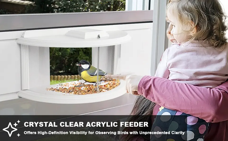 Inside Window Bird Feeder 180° Clear View Fits 27-35" Window 1 Enjoy close-up views of birds with this indoor bird feeder made of crystal clear acrylic. Great for bird watching with kids