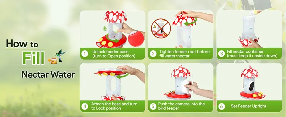 2K Hanging Bird Feeder with Camera - AI, Solar, Ant/Bee Proof 3 Step-by-step guide on how to fill a hanging hummingbird feeder and install the camera