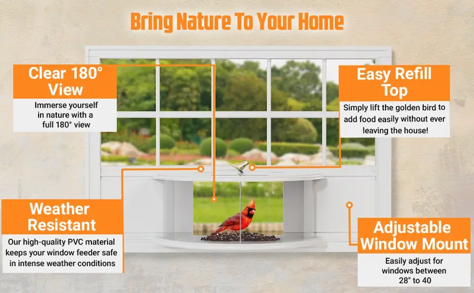 Indoor Bird Feeder - 180° Clear View Window Feeder 4 180-degree view easy refill indoor bird feeder. Weather resistant and adjustable mount for windows 28"-40"