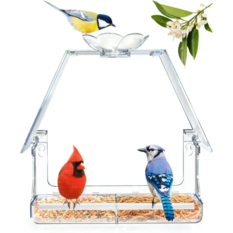 Large clear view window bird feeder in a bird house shape. Great for bird watching and a perfect gift for bird lovers