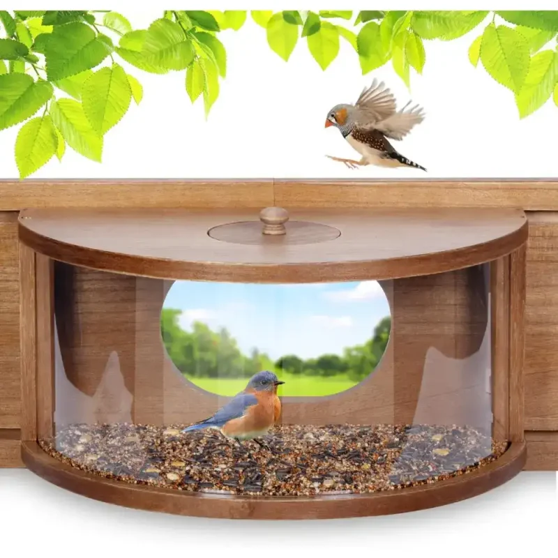 Large wooden window bird feeder with 180-degree clear view for easy indoor bird watching. Easy to refill and assemble