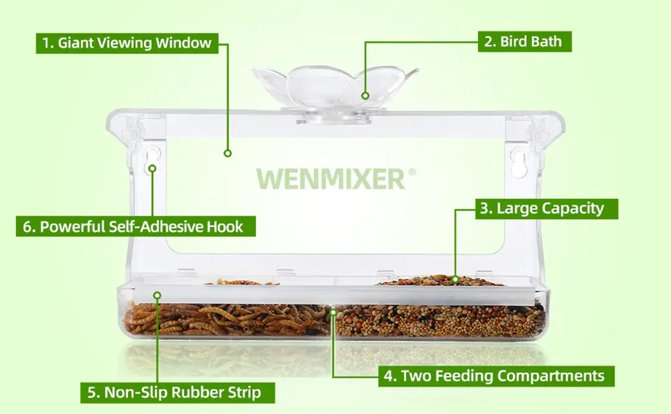 Clear Outside Window Bird Feeder with Non-Marking Adhesive Hooks 1 Multifunctional outside window bird feeder with bird bath, large capacity, and easy self-adhesive installation