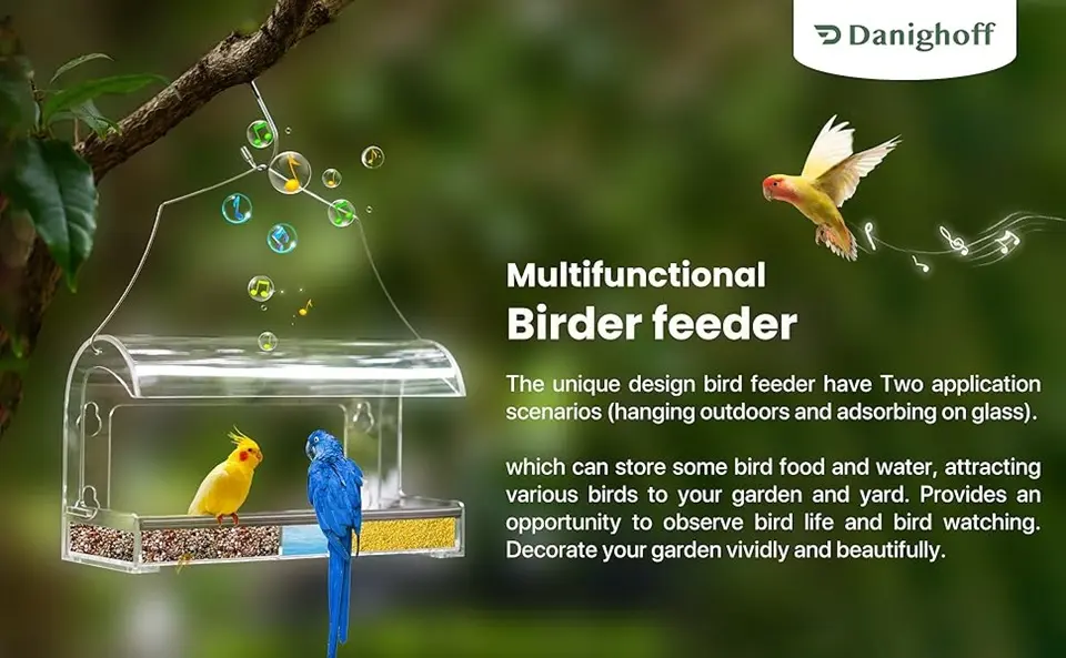 Window Hanging Bird Feeder - with Water Tray | Large Seed Tray 1 Multifunctional bird feeder for both window hanging and outdoor use. Attracts various birds for easy bird watching