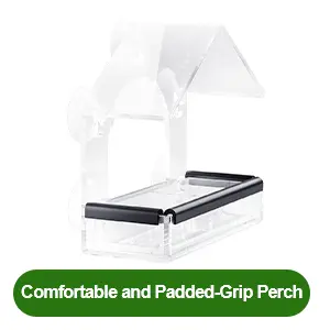 Suction Cup Window Bird Feeder - Clear Acrylic, 5 Strong Suction Cups 5 Suction cup window bird feeder with a comfortable, padded perch for birds to rest and feed