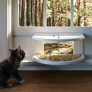 Clear View Window Tray Bird Feeder - 180° for 24-32" Windows 4 Pet-friendly clear view window tray bird feeder. Safe for birds, allows pets to watch from the windowsill