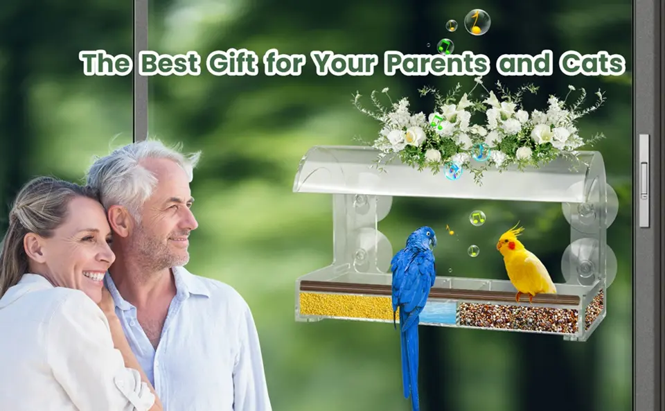 Window Hanging Bird Feeder - with Water Tray | Large Seed Tray 6 Pet-friendly window bird feeder, a great gift for parents and cats. Enjoy bird watching together from inside