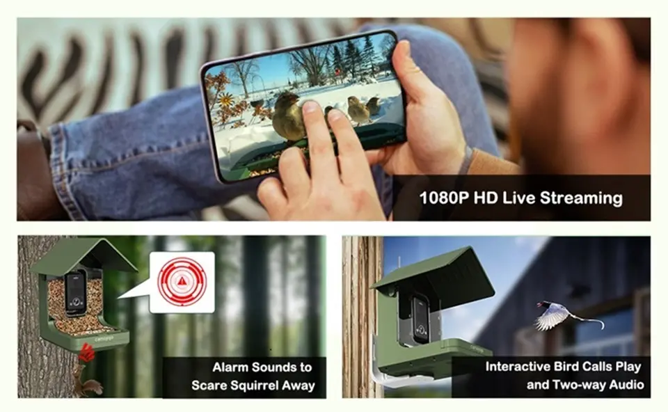 4K Smart Bird Feeder Camera AI Identify | 5G Live Watching 3 Someone checks their phone while observing a bird feeder with a camera, designed for live streaming and squirrel deterrence