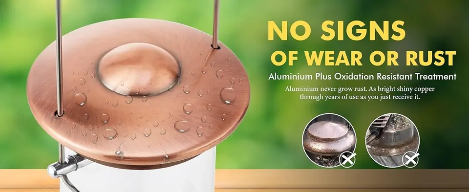 Tube Bird Feeder with Tray for Cardinal- 6 Port, 14" Brushed Copper 3 close-up showing the rust-proof aluminum construction of a bird feeder tray