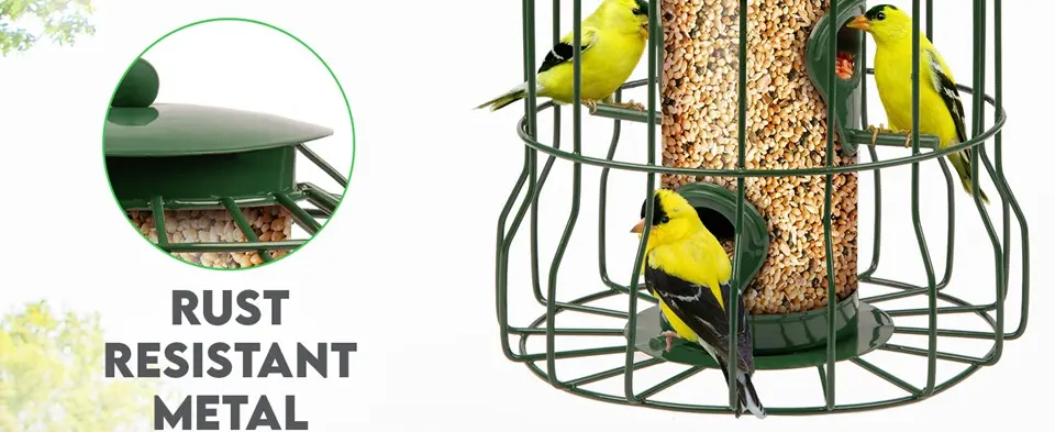 Metal Caged Tube Bird Feeder - Squirrel Proof | 4 Ports 2 Rust-resistant metal caged tube bird feeder, ideal for attracting wild birds to your backyard