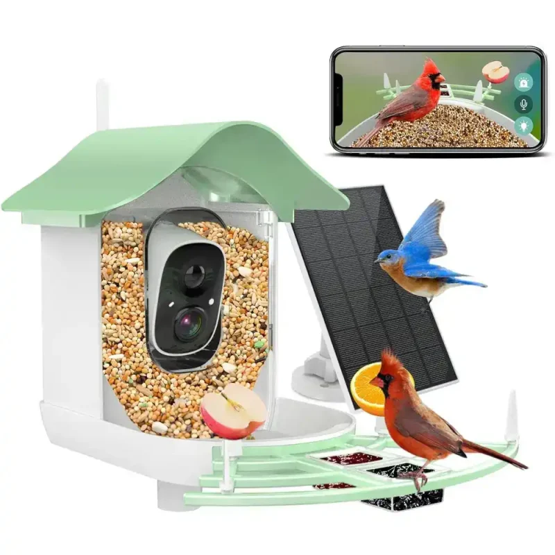 Smart bird feeder camera with AI bird identification, 2K video recording, and solar charging for backyard bird watching