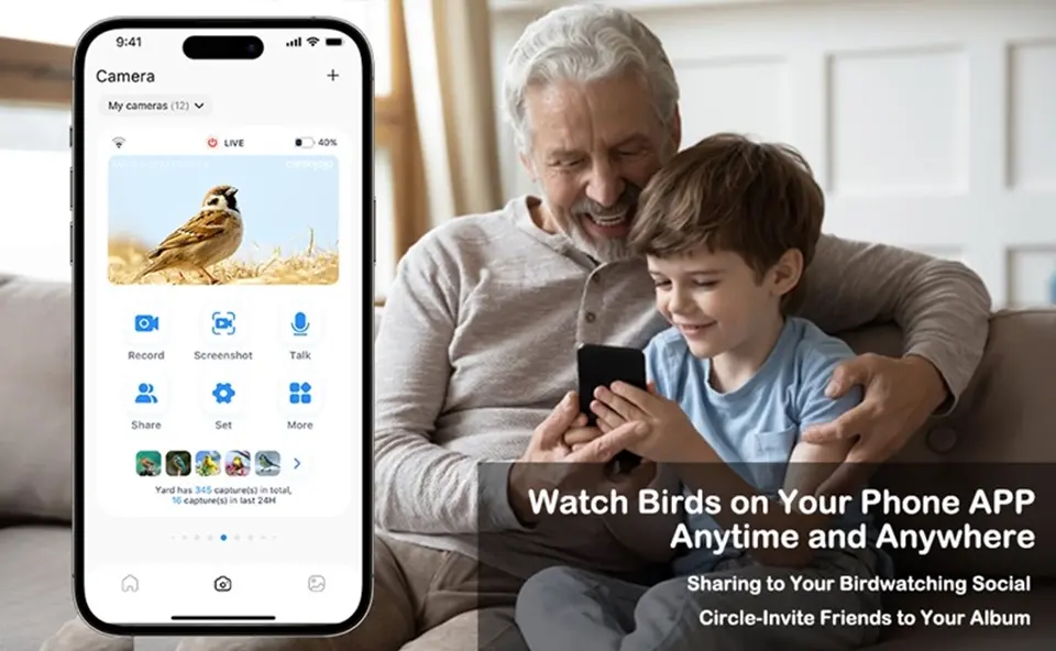 4K Smart Bird Feeder Camera AI Identify | 5G Live Watching 5 Watch birds effortlessly with a bird feeder that features a camera, connecting to your phone app for anytime, anywhere viewing