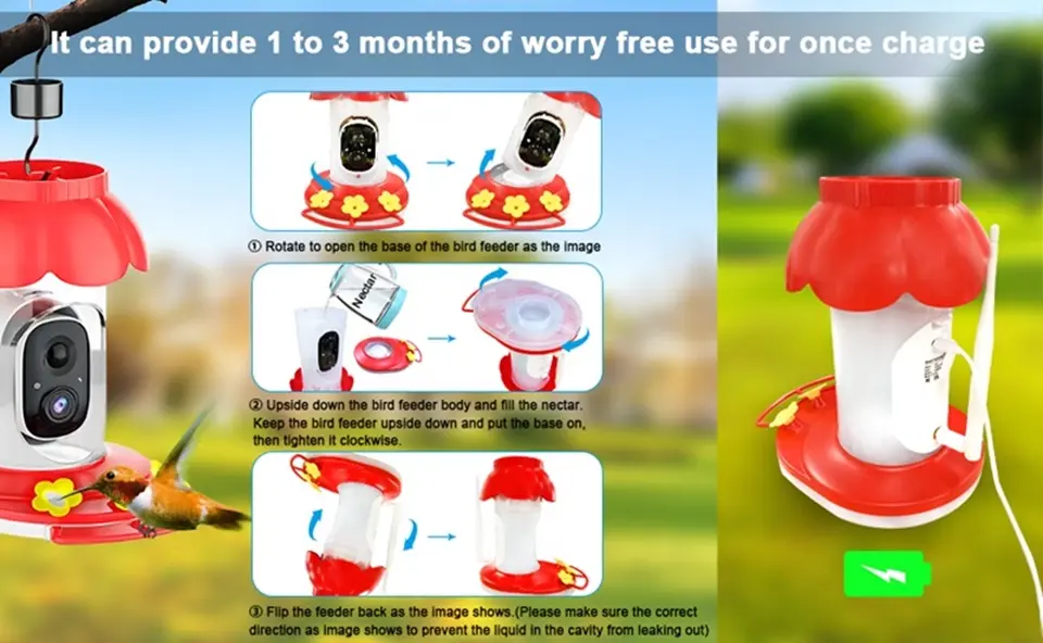 Humming Bird Feeder with Camera - AI Auto Capture & Wireless 5 Smart hummingbird feeder camera setup and refilling instructions with long battery life (1-3 months)