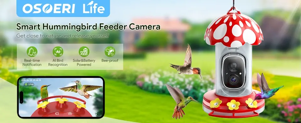 2K Hanging Bird Feeder with Camera - AI, Solar, Ant/Bee Proof 1 Smart solar hanging hummingbird feeder camera with AI bird identification and bee-proof design