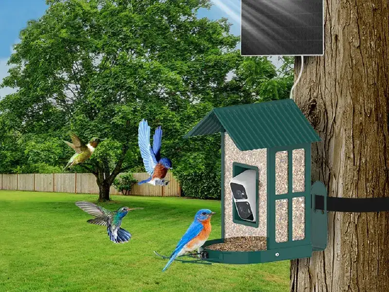 Solar Bird Feeder Camera - Metal with AI Bird ID & Live View 8 A solar-powered bird feeder with a bird perched inside, showcasing the beauty of various bird species attracted to it