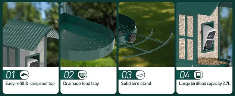 Solar Bird Feeder Camera - Metal with AI Bird ID & Live View 4 A bird feeder, including a solar camera feeder with a rainproof top and a large 2.7L food capacity