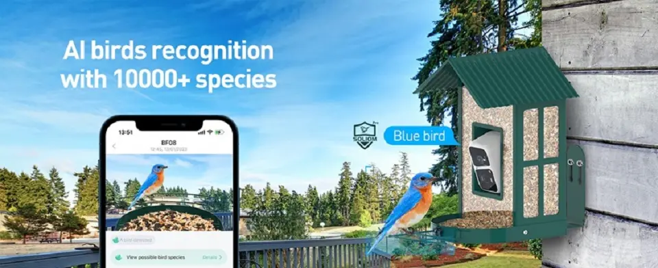 Solar Bird Feeder Camera - Metal with AI Bird ID & Live View 6 Smart bird feeder equipped with a camera, powered by solar energy, capable of identifying 10,000+ bird species