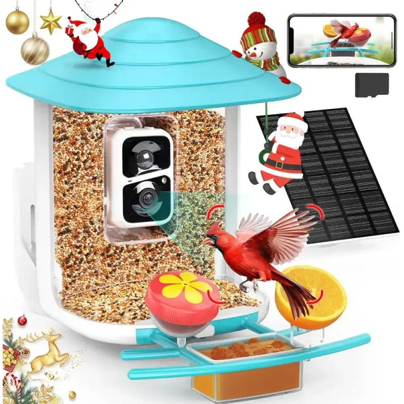 A bird feeder with a solar panel and a bird, designed for birdwatching with live streaming and AI identification features
