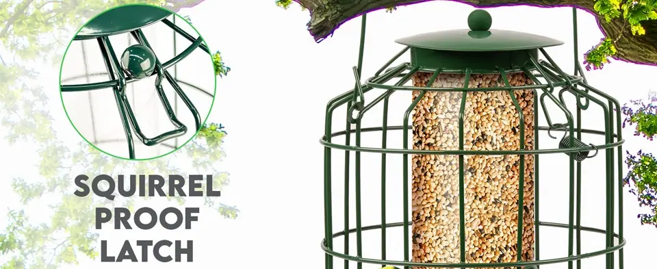 Metal Caged Tube Bird Feeder - Squirrel Proof | 4 Ports 1 Squirrel-proof caged tube bird feeder featuring a secure latch to deter squirrels and protect bird seed