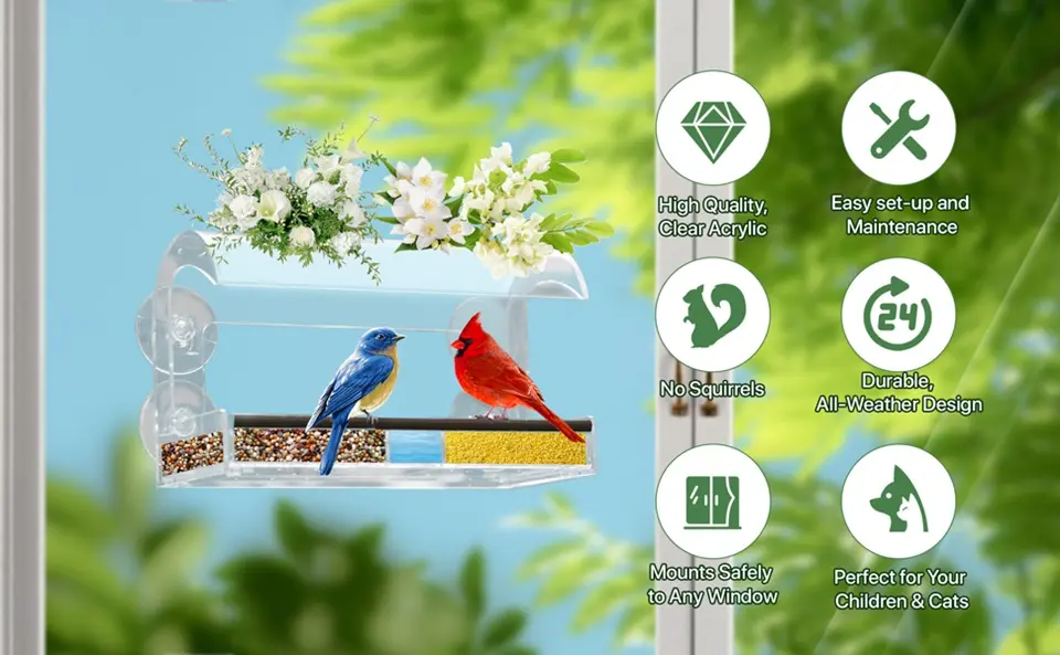 Window Hanging Bird Feeder - with Water Tray | Large Seed Tray 2 Squirrel-proof clear window bird feeder with strong suction cups. Durable, all-weather design for easy bird watching