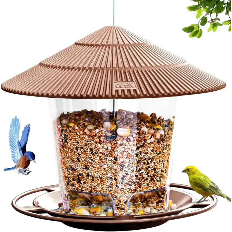 Brown squirrel-proof hanging bird feeder designed to deter squirrels and feed wild birds