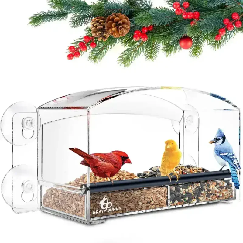Squirrel proof window bird feeder with a large, clear design for unobstructed bird watching. Attaches securely with suction cups