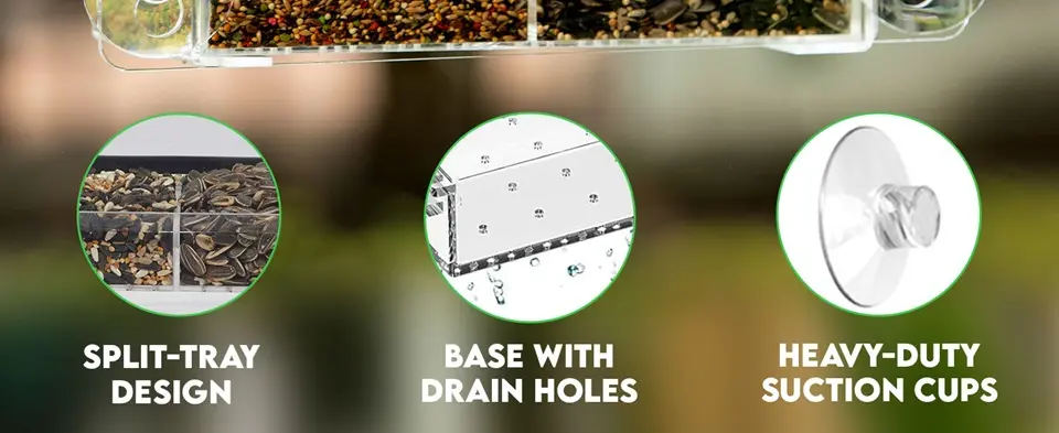 Clear Large Capacity Squirrel Proof Window Bird Feeder - Removable Tray 2 Features of a squirrel-proof window bird feeder: split tray, drainage holes, and heavy-duty suction cups for easy cleaning and mounting