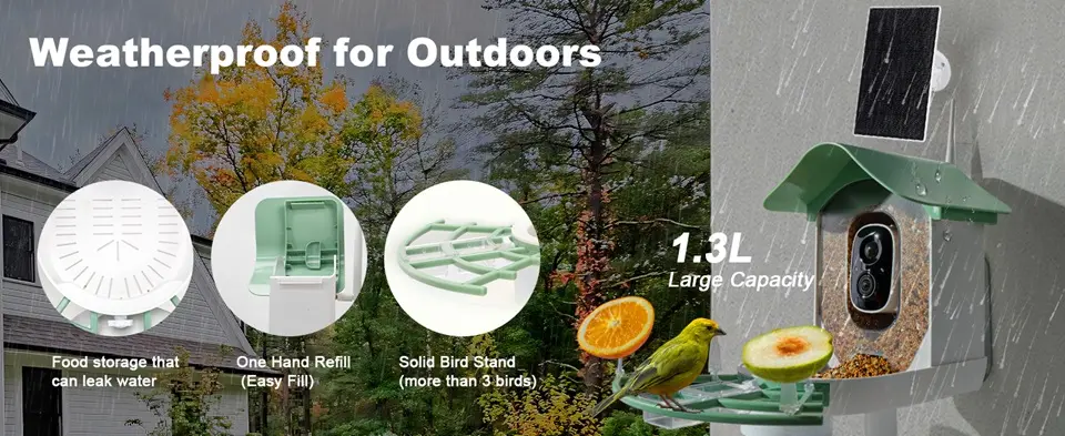 Backyard Bird Feeder Camera - AI Bird ID, 2K Video, Solar Powered 1 Waterproof backyard bird feeder camera with 1.3L capacity and easy refill design for convenient bird watching
