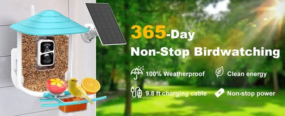 WiFi Bird Feeder Camera 2K Solar Powered with AI Identify 10 Experience year-round birdwatching with a weatherproof camera feeder, featuring 360-degree views and a 9.8 ft charging cable