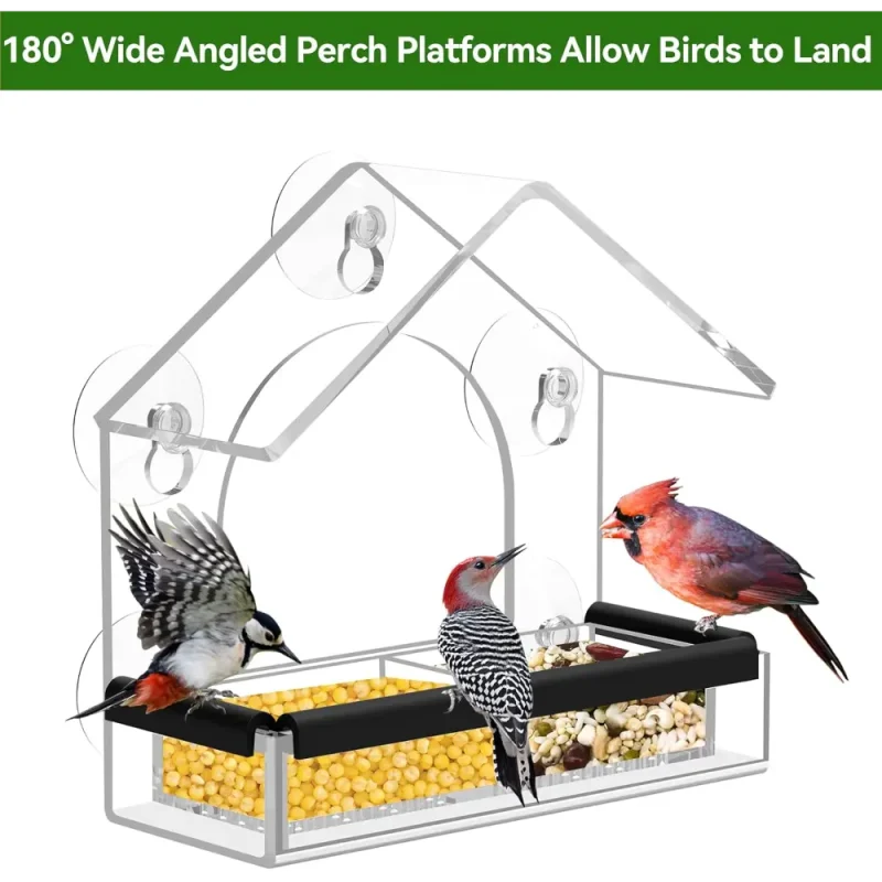 wide-perch-suction-cup-window-bird-feeder Suction cup window bird feeder with wide perch for multiple birds. Clear acrylic for easy viewing