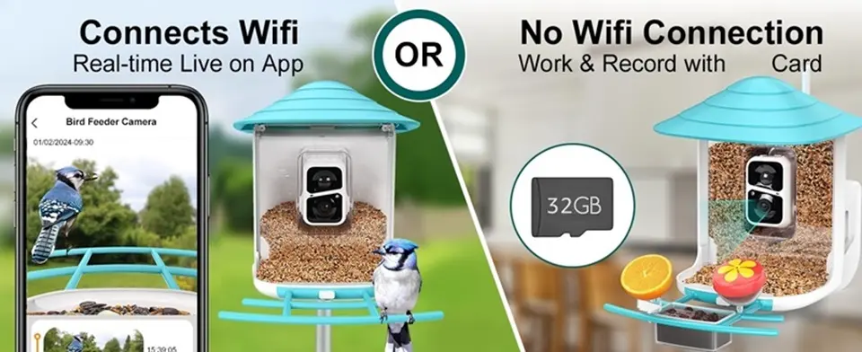WiFi Bird Feeder Camera 2K Solar Powered with AI Identify 8 Wireless bird cam feeder app live feed
